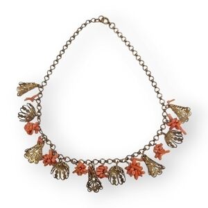 Antique Branch Coral Cluster Necklace Art Nouveau Brass Filigree Chain Vtg 16"